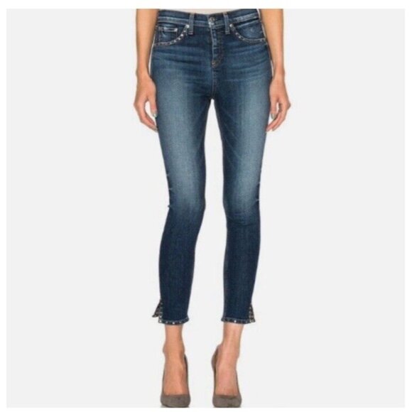 Rag & Bone Jeans Size 24 High Rise Skinny 10 Inch Capri Studded Blue Revolve - Picture 1 of 10